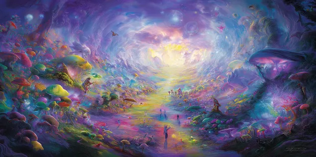 En surrealistisk fantasistig som leder genom en svampskog 2K bakgrund