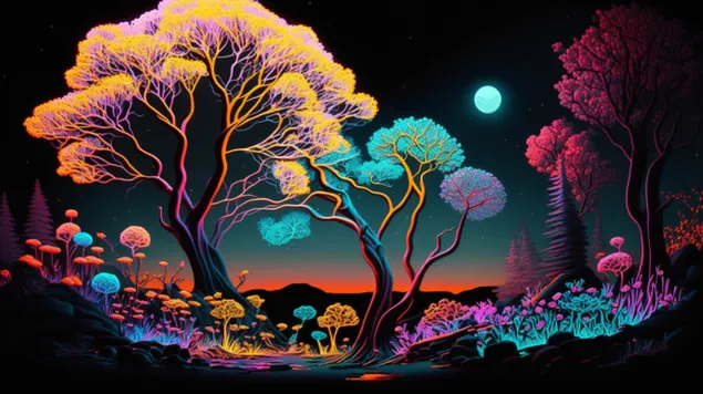 Një udhëtim surreal përmes një pylli të ndezur me pemë abstrakte të mbushur me neon në një peizazh të botës tjetër 8K sfond