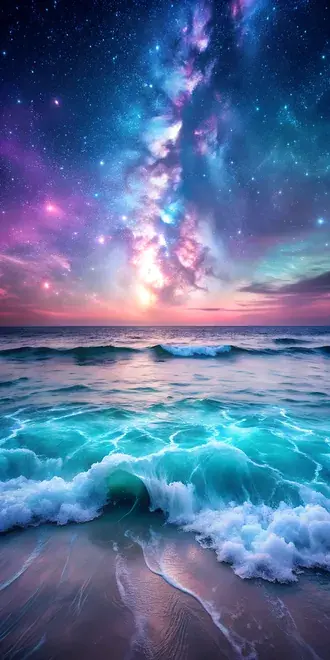 Ein surrealer Ozean aus leuchtenden Kristallwellen unter einem Sternenhimmel 2K Hintergrundbild