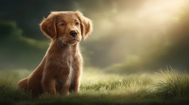 Tapeta Roztomilé štěně zlatého retrívra sedící na louce 2K