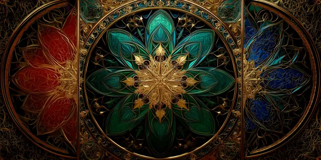 Un trittico simmetrico di arte astratta ornata simile a un mandala 2K sfondo