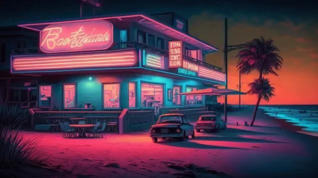 sviesos ir spalvu simfonija, neoninio apsvietimo papludimio scena su retrofuturistine atmosfera atsisiusti