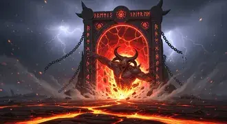 一個可怕的惡魔從地獄般的入口衝出來，在萬聖節夜晚空中閃電劃過的熔岩地形上投射出邪惡的光芒。 2K 壁紙