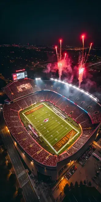Tapeta Napínavá noc, neony osvětlený fotbalový stadion s elektrickou energií a zářícím středobodem 2K