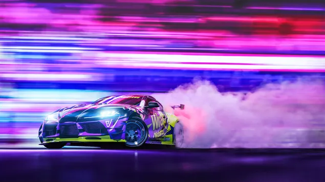 A toyota among the mist that fills all the lights with colors at its speed. 2K wallpaper