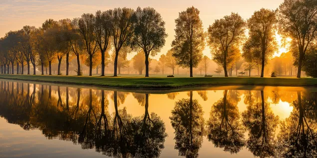 夕陽西下，湖畔樹木倒映在平靜的水面上，呈現出一片寧靜的景象 2K 壁紙