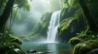 a tranquil waterfall cascades through lush, moss-covered rocks in a misty green jungle, offering a peaceful and refreshing escape into untouched tropi
