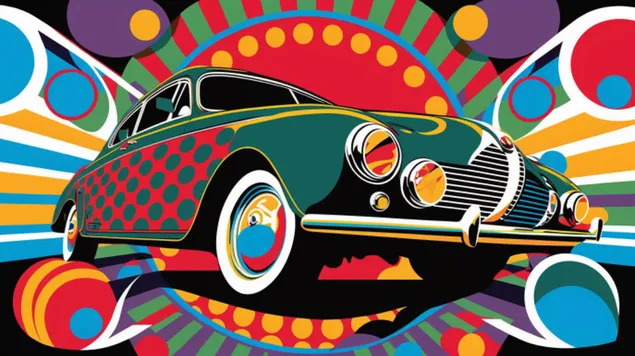 um design de arte pop vibrante e dinamico de um carro classico, contra um fundo abstrato e divertido de um circulo colorido download