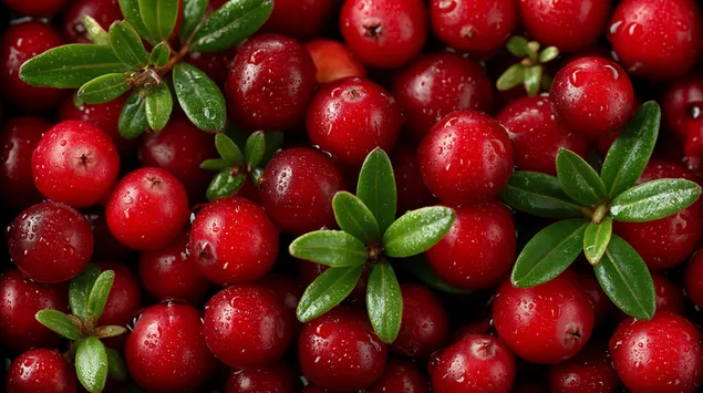 Tapeta Živý detailný záber čerstvých, rosou pobozkaných červených brusníc so zelenými listami. 2K