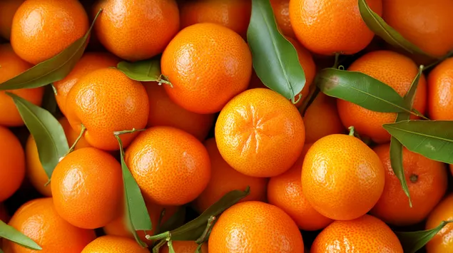 Un prim-plan vibrant al mandarinelor suculente cu frunze verzi luxuriante 2K imagine de fundal