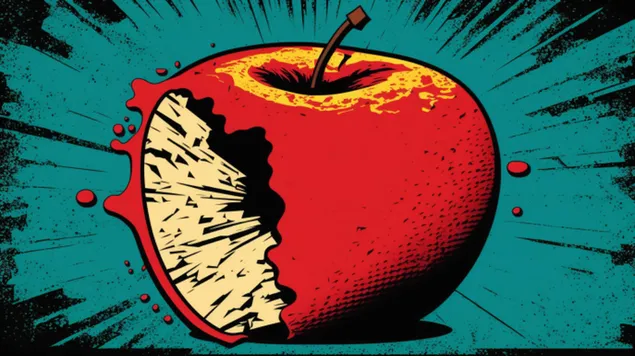Яркое выражение поп-арта: иллюстрация сочного красного яблока с надкушенным кусочком 8K обои