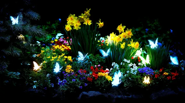 Eng lieweg Nuetsgaartkuliss mat faarwege Blummen a villen liichtende Päiperleken, déi d'Däischtert beliichten 2K Tapeten