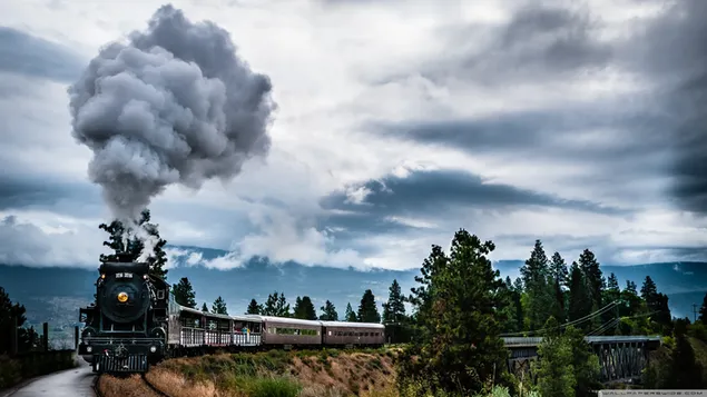 濃い煙の中、木々の間の線路を進むヴィンテージ列車 2K 壁紙