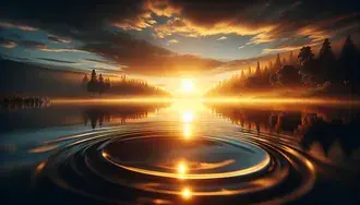 a vivid sunrise illuminates a tranquil lake with golden reflections, surrounded by misty trees and peaceful ripples, creating a breathtaking and seren download