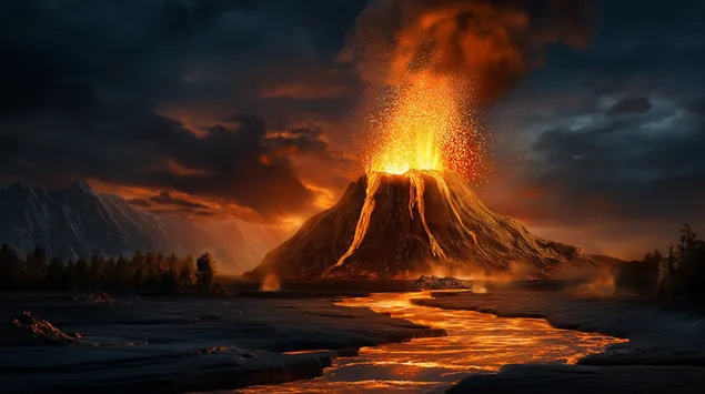 vulkanska eruptsija sa lavom koja teche u reku preuzmi