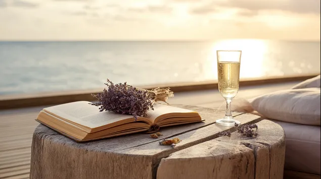 mulgaeseo hyusigeul cwiharyeoneun deushan neuggimeul juneun, pyeolcyeojin caeggwa syampein janeul olryeonoheun punghwadoen namu weonhyeong teibeul daunrodeu