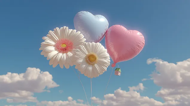 Причудлива колекция от пастелни балони с форма на сърце, носещи се на фона на яркосиньо небе 2K тапет