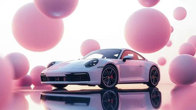 Sebuah kereta sport berwarna putih dikelilingi oleh sfera merah jambu 2K kertas dinding