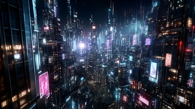 Een groothoekbeeld van een futuristisch digitaal stadsgezicht 2K achtergrond