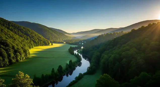 蜿蜒的河流穿过郁郁葱葱的山谷，阳光洒在森林覆盖的山丘上，营造出一幅宁静而明媚的晨曦景象。 8K 壁纸
