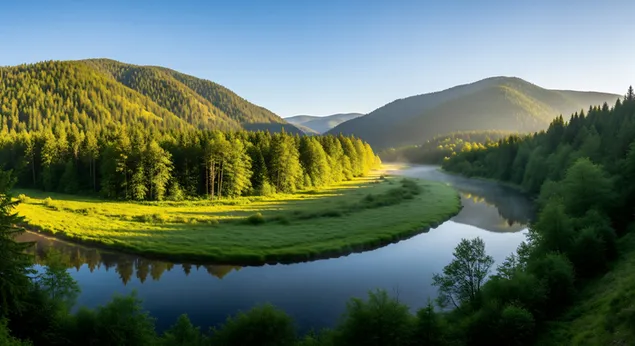 nje lume dredha-dredha i rrethuar nga pyll i gjelber i gjalle dhe male nen nje qiell te kalter te qarte shkarkim