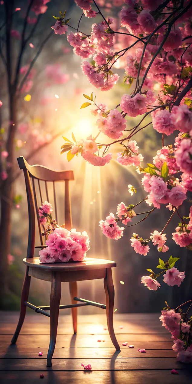 En hëlzent Stull Mëtt rosa Blummen an engem friddleche Gaart Kader. Roueg Fréijoersszene 2K Tapeten