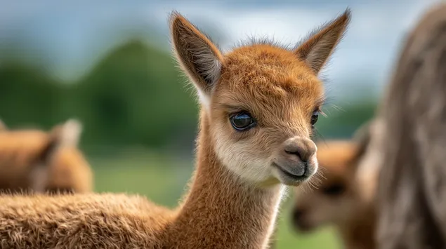 Taustpilt Noor alpaka õrna pilguga päikesepaistelisel päeval 2K