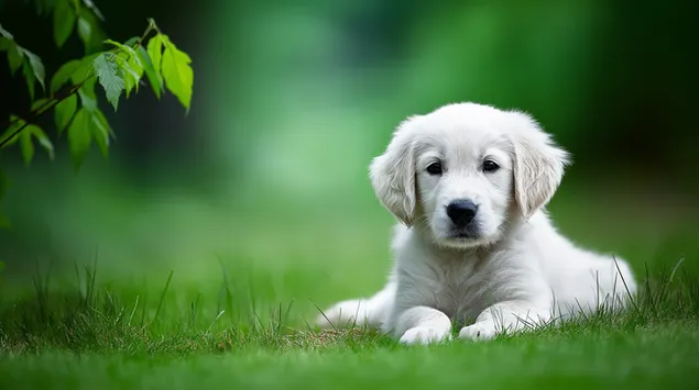 Tapeta Mladé štěně zlatého retrívra odpočívá na zeleném poli 2K