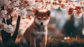 mlade stene shiba inu sedi pod kvetoucimi vetvemi stahnout