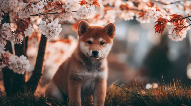 Tapeta Mladé štěně Shiba Inu sedí pod kvetoucími větvemi 2K