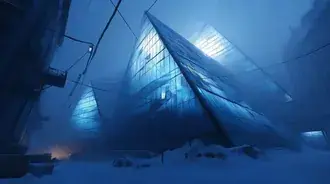 zabroshennyy futuristicheskiy ledyanoy gorod so svetyashchimisya sinimi konstruktsiyami skachat'