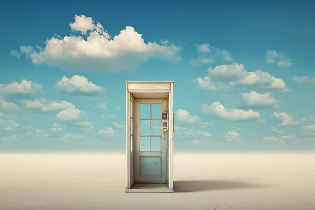 zabroshennaya telefonnaya budka pod golubym nebom v pustynnom landshafte skachat'