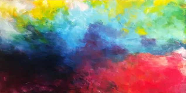 Kabut cat karya seni abstrak digambar dengan warna kuning, hijau, biru, putih dan merah