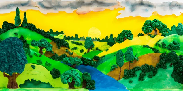 abstrakt lerkonstlandskap med boljande kullar och flod ladda ner