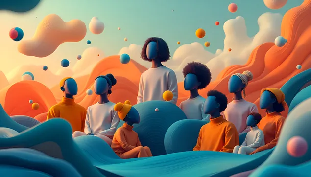 comunitat abstracta: figures diverses en l'art paisatgistic surrealista baixada