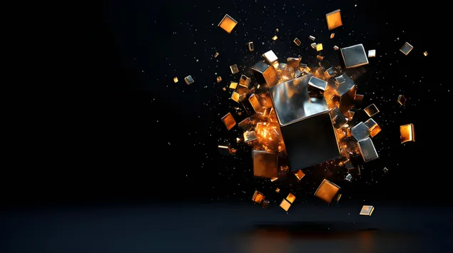Abstrakt Cube Explosioun mat Glühende Metallic a Glas Shards 4K Tapeten