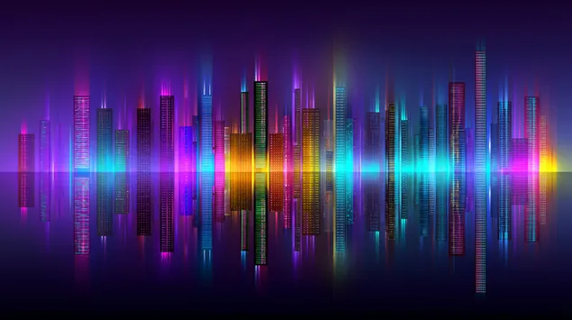 abstrakta kiberpanka pilsetas ainava ar mirdzosu varaviksnes vertikali lejupieladet