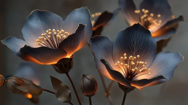 暖かい内部の光と雄しべを持つ抽象的な暗い花 2K 壁紙