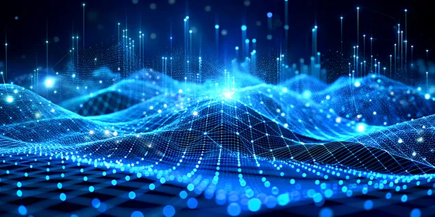 Абстрактный цифровой пейзаж с синими световыми волнами и сетчатым фоном 4K обои