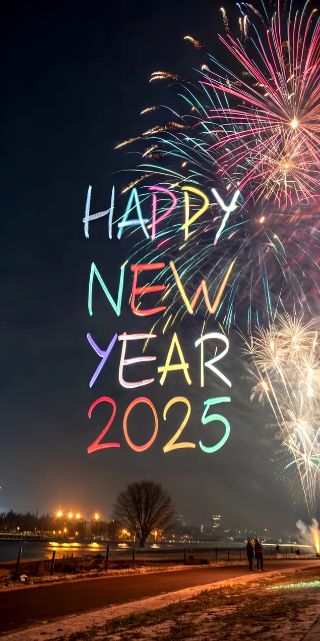 Апстрактниот огномет пука за да формира среќна нова 2025 година во течна калиграфија 2K тапет