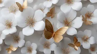 Mariposas doradas con motivos florales abstractos entre flores blancas 2K fondo de pantalla