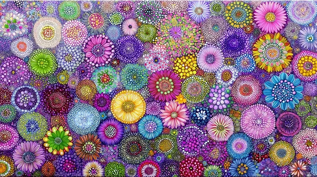 복잡한 패턴과 형태를 갖춘 추상 꽃 모자이크 2K 배경화면