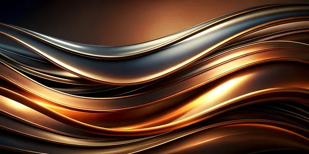 גלים זורמים מופשטים של סרטים מתכתיים עם גוונים זהובים 4K טפט