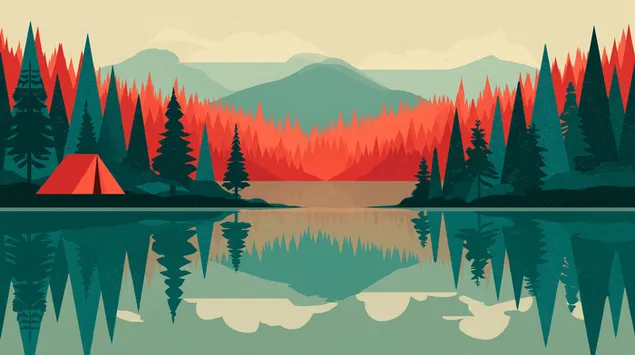 抽象的な森の湖のキャンプ風景イラスト 2K 壁紙