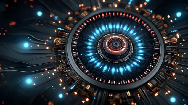 Abstraktno futuristično jedro z žarečimi lučmi in vezji 2K ozadje