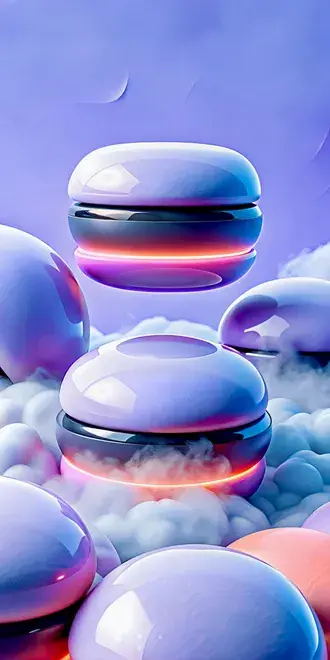 Macarons lavandă futurist abstract plutind printre nori eterici 2K imagine de fundal
