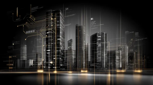 Abstracte futuristische metropool-skyline met gloeiende datalijnen 2K achtergrond