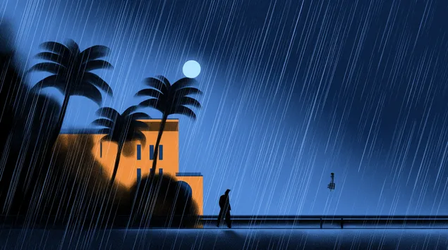 傾盆大雨中的抽象幾何建築與孤獨的身影 2K 壁紙