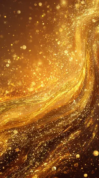 abstract golden liquid flow with glowing bokeh particles and shiny sparkle dust design