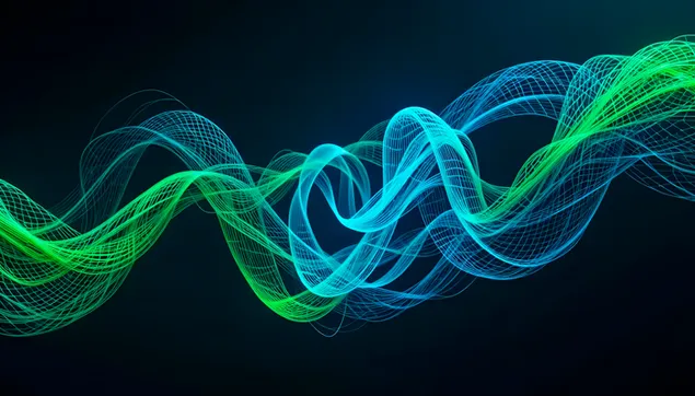 Abstraktus žalias mėlynas bangų linijų skaitmeninio meno fonas 2K ekrano užsklanda